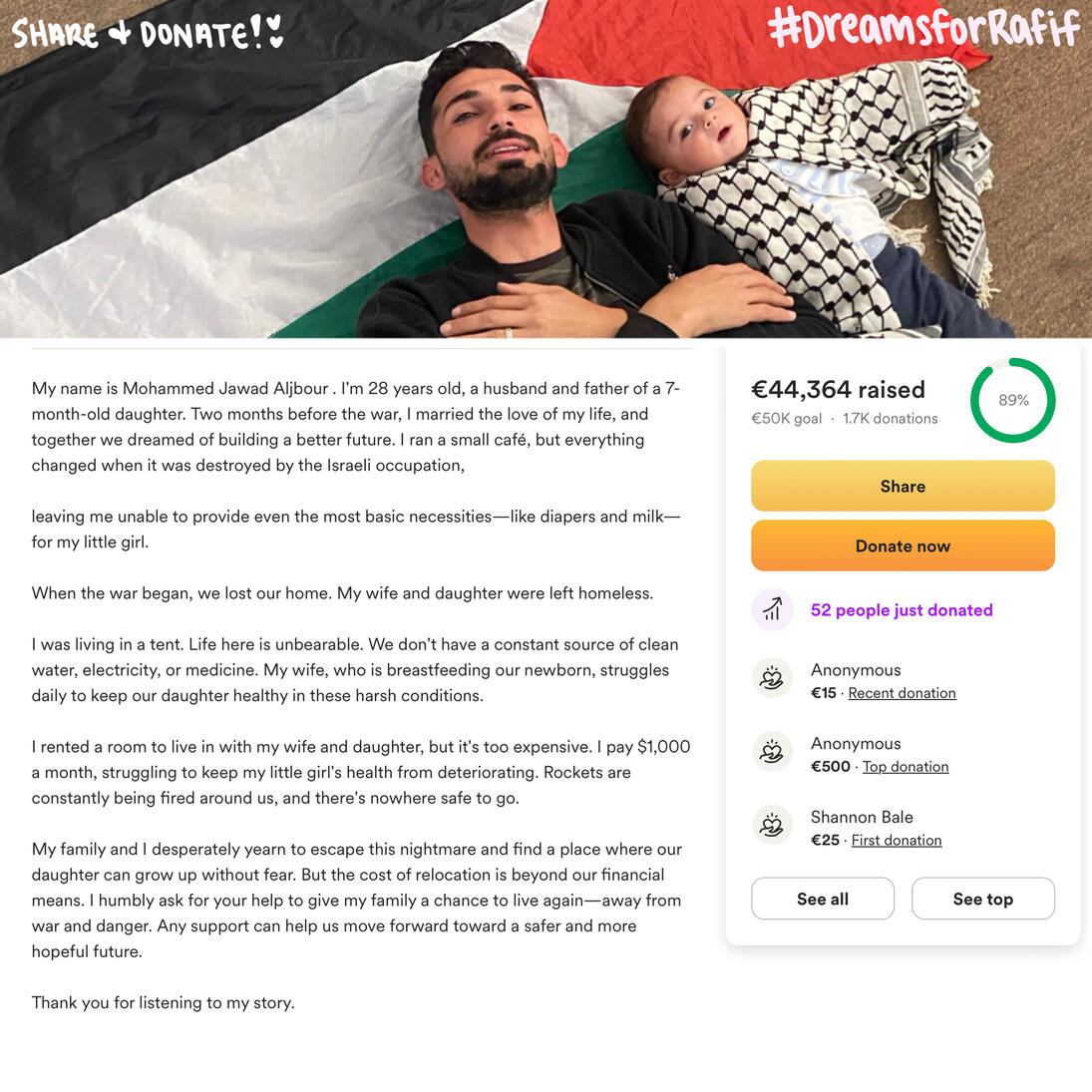 The initial post made about the campaign. This was the amount of donations Mohammed previously had before his gfm was shut down.